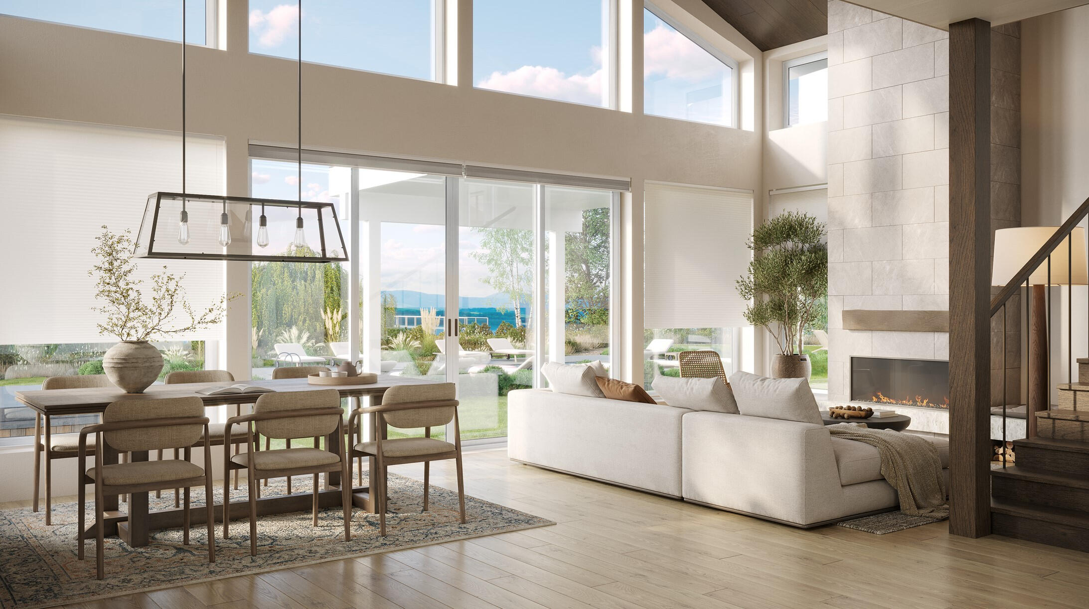 Bright cottage interior with dining area and large windows Bright cottage interior with dining area and large windows