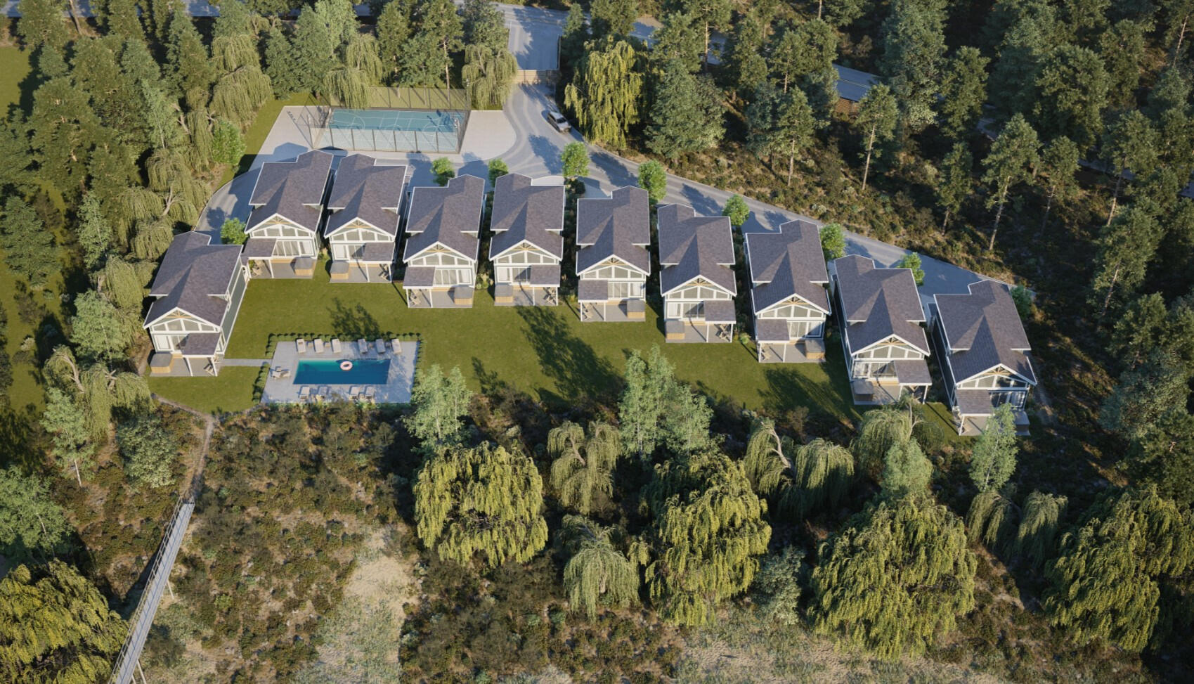 Aerial view of 10 modern cottages with pool and sport court Aerial view of 10 modern cottages with pool and sport court